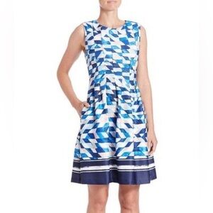 Vince Camuto Fit & Flare Dress With Pockets In Taupe/Blue/White